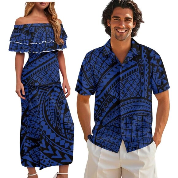 Polynesian Couples Outfits Matching Sets Women Dress Men Shirt Beach Luau - Picture 1 of 7